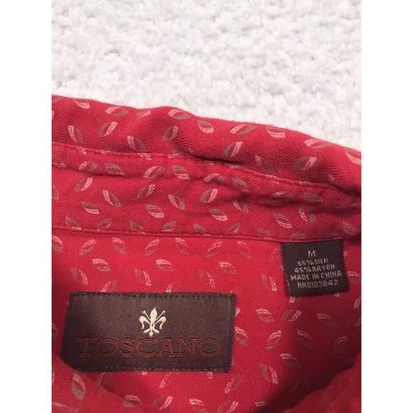 Toscano Silk Blend Button Shirt Mens Medium Red Geometric Short Sleeve Casual - Picture 8 of 13
